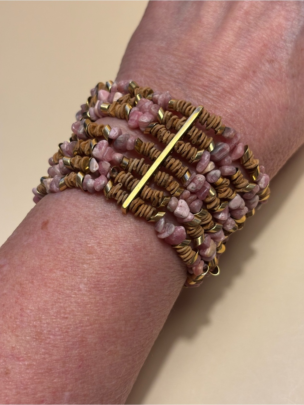 🌻Multi-Strand Pink and Gold Bead Wrap Bracelet 7”+2”